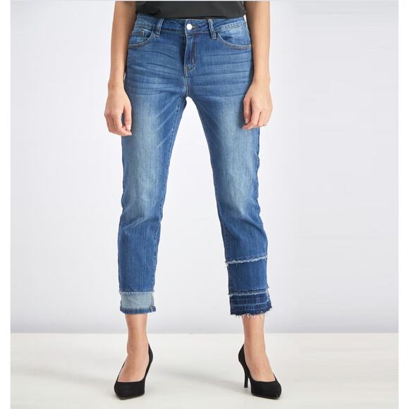 Judy Blue Straight Fit Jeans Tiered Frayed Hem Medium Blue Denim Womens Sz 5/27 - Picture 1 of 9